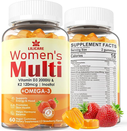 Womens Multivitamin Gummy with Omega 3（DHA/EPA), Vitamin D3 K2, Calcium, Inositol, Daily Womens Vitamin A C E B Complex, L-MethylFolate, Methyl B12,Sugar Free Methylated Multivitamins Minerals, 60Cts