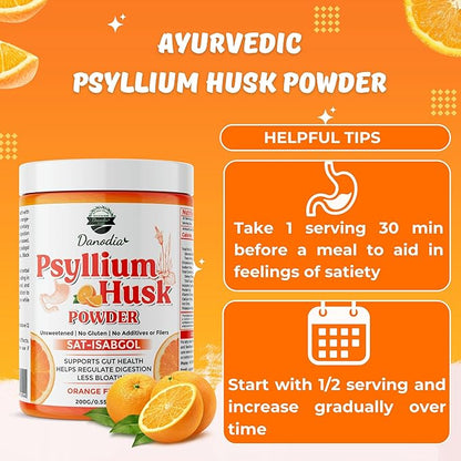 Danodia Foods Organic Psyllium Husk Powder Mild Orange Flavor, 200g (8.8oz) | Sat-Isabgol with 5 Added Herbs | Unsweetened, Gluten-Free, Natural Fiber Supplement for Digestive Health