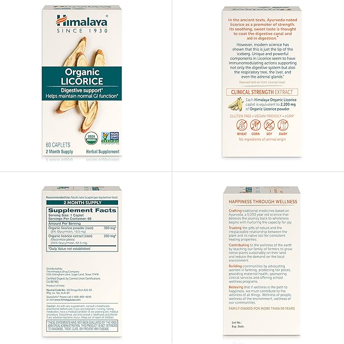 Himalaya Organic Licorice Root Herbal Supplement, Non-DGL, Occasional Heartburn, Indigestion and Upset Stomach Relief, Digestive Support, Non-GMO, USDA Organic, Vegan, 60 Plant-Based Caplets, 2 Pack