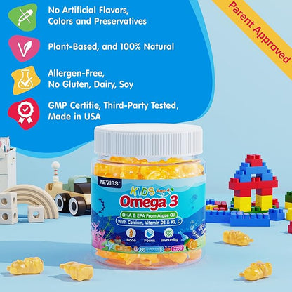 Kids Omega 3 Gummies with Calcium, Vitamin D3 & K2, C, Omega-3 DHA Gummies for Focus and Memory, Bone Health & Immune Support, Kids Omega3 Supplement - No Fish Taste, Non-GMO, Chewable, 2 Pack