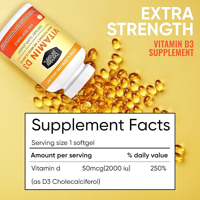 Berkley Jensen High Potency Vitamin D3 2000IU (50 mcg) (640 Softgels), Dietary Supplement for Teeth, Muscle, Immune Function, and Bone Health, for Men and Women, Made in USA, 640 Day Supply