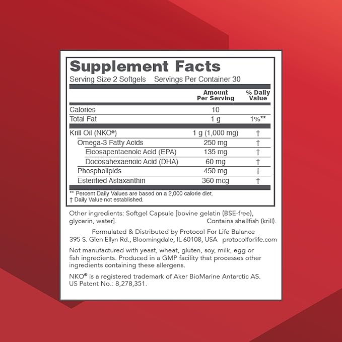 Protocol Krill Oil 500mg - Krill Oil Supplement - DHA & EPA - with Astaxanthin - Supports Heart, Brain, Joints* - Non-GMO & Halal - 60 Softgels