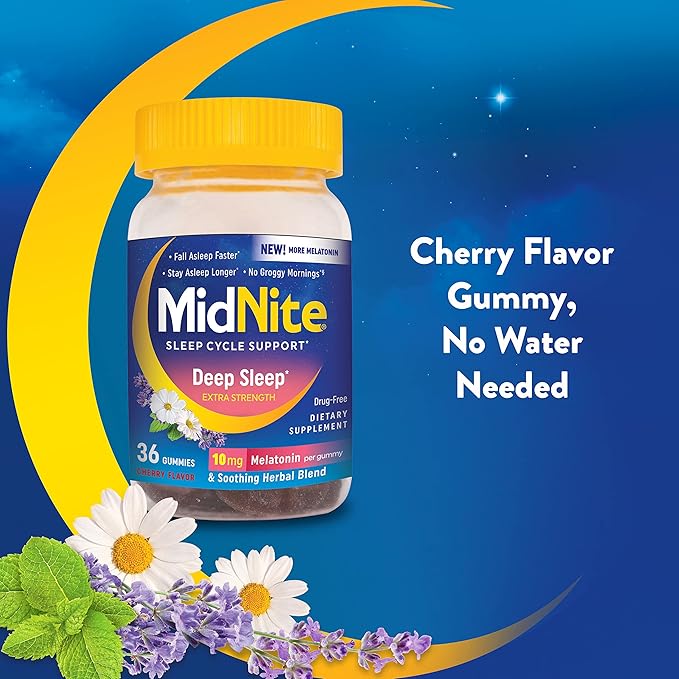 MidNite Deep Sleep Extra Strength, 10 mg Melatonin Sleep Aid, Non-Habit Forming, Herbal Dietary Supplement for Adults, Drug-Free, Gluten-Free, Lactose-Free, Vegetarian-Friendly, 36 Gummies