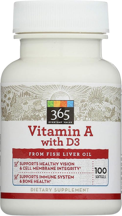 365 Everyday Value, Vitamin A with D3, 100 ct
