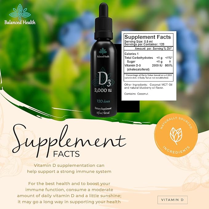 Balance Health D3 2,000 IU, 2 Fl Oz, 120 Doses, Blueberry Flavor, Liquid Vitamin D Drops w MCT Oil for Faster Absorption, Non GMO Vegetarian Safe
