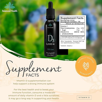 Balance Health D3 2,000 IU, 2 Fl Oz, 120 Doses, Blueberry Flavor, Liquid Vitamin D Drops w MCT Oil for Faster Absorption, Non GMO Vegetarian Safe