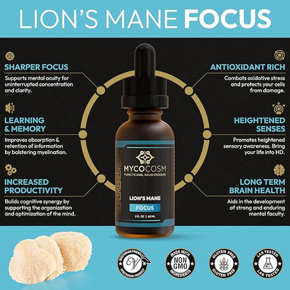 Lion's Mane Mushroom Supplement - Mushroom Extract to Support Focus & Memory - Mushroom Drops - Brain Health - Non-GMO, Vegan, Lab Tested - 2Fl Oz 60 Servings