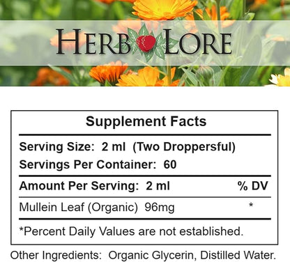 Herb Lore Organic Mullein Tincture Drops - Mullein Leaf Extract for Lungs - Safe for Kids - Alcohol Free (4 fl oz)