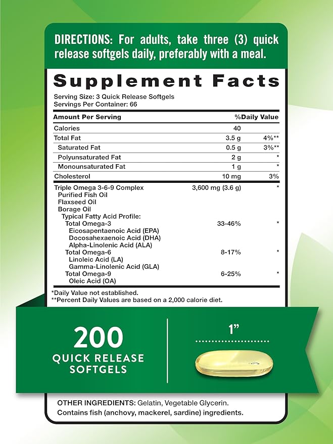Nature's Truth Triple Omega 3 6 9 | 3600mg | 200 Softgels | Fish, Flax, and Borage Oils | Non-GMO & Gluten Free Supplement