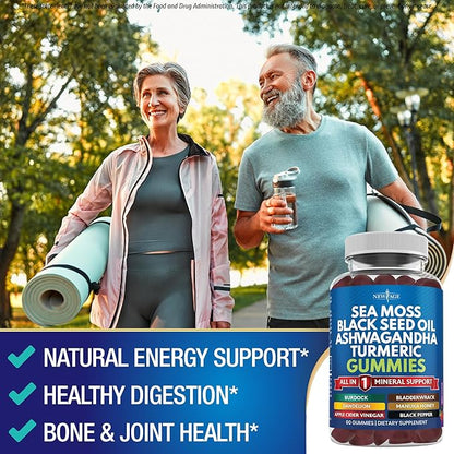 NEW AGE Sea Moss Gummies, Sea Moss, Black Seed, Ashwagandha, Turmeric, Manuka Honey, ACV, Dandelion, Black Pepper, Burdock, Bladderwrack, Vegan - 60 Count