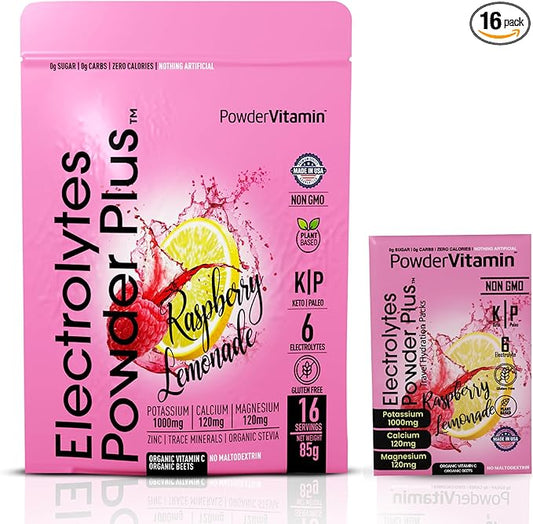 Electrolytes Powder Plus, Keto, Raspberry Lemonade, Sugar Free, Pink Himalayan Salt, 1000mg Potassium, 120mg Calcium, 120mg Magnesium, Non-GMO, Zero Calories, (16 Hydration Packets)