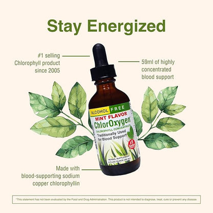 Herbs Etc. ChlorOxygen Chlorophyll Concentrate - Highly-Concentrated Energy Support - Aids Healthy Blood Circulation - Natural Vitality Support - Alcohol-Free - Mint, 2 fl oz (About 132 Servings)