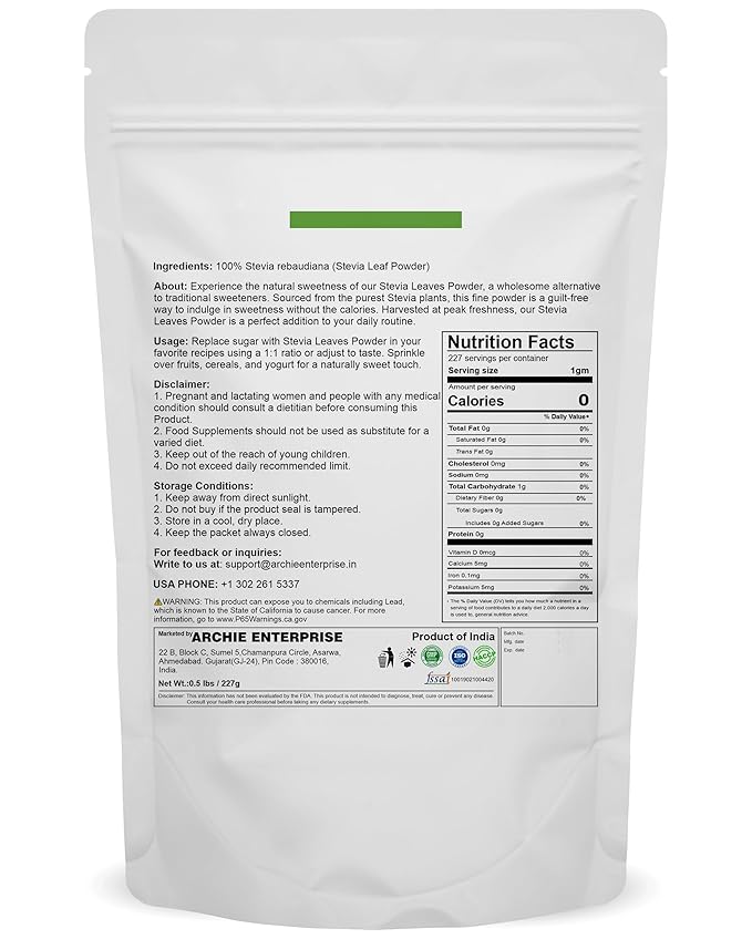 mGanna 100% Natural Stevia Leaf Powder - Natural Sweetener 227 gms / 0.5 lbs