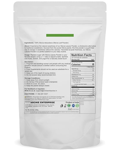 mGanna 100% Natural Stevia Leaf Powder - Natural Sweetener 227 gms / 0.5 lbs