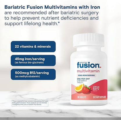 Bariatric Fusion One Per Day Bariatric Multivitamin with Iron Chewable | Citrus Berry Flavor | Vitamins for Gastric Bypass and Sleeve Gastrectomy | Non-GMO | 30 Count