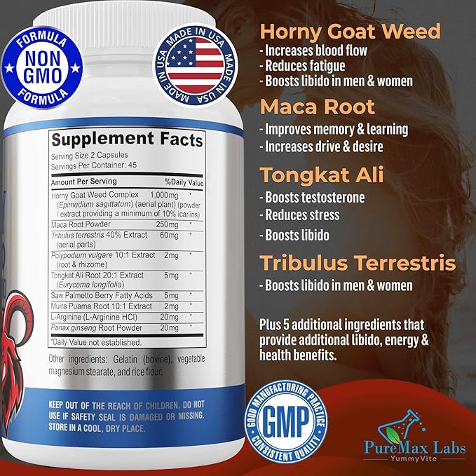 Horny Goat Weed 1590mg Extra Strength w. Maca, L-Arginine, Ginseng, Boost Performance, Stamina, Energy, Non-GMO Formula, 90 Capsules