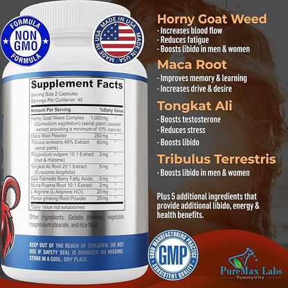 Horny Goat Weed 1590mg Extra Strength w. Maca, L-Arginine, Ginseng, Boost Performance, Stamina, Energy, Non-GMO Formula, 90 Capsules