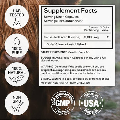 Wild Foods Beef Liver Capsules - Grass-Fed & Pasture-Raised | 3000mg Ancestral Supplement for Natural Energy & Immune Support | Organ Supplement for Men & Women | Keto, Paleo, Carnivore (120 Softgels)