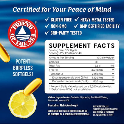 Triple Strength Omega 3 Fish Oil 3600 mg | EPA & DHA | Over 2100mg Omega-3 Fatty Acids | 1300mg EPA + 860mg DHA | Best Essential Fatty Acids | Premium Wild Caught & Burpless Fish Oil | 120 Ct