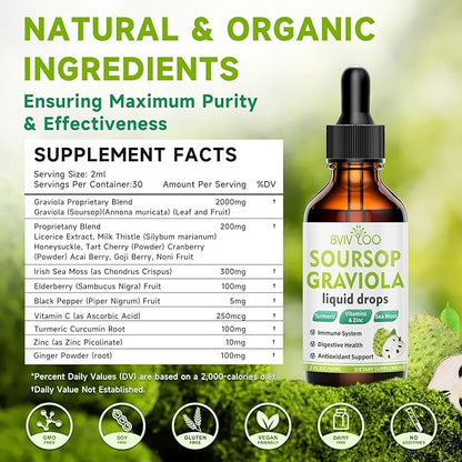 2 Pack Soursop Graviola Liquid Drops - 2000mg Pure Soursop Extract Blended with 300mg Sea Moss & 100mg Elderberry - Powerful Cell Support, Antioxidant-Rich, Immune-Boosting - 4 Fl Oz (120ml) Bottle