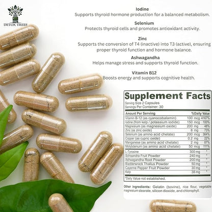 Advanced Thyroid Support Supplement - Non-GMO, Thyroid Supplement with L Tyrosine, Iodine, B12, Zinc, Selenium, Ashwagandha for Thyroid Health & Overall Well-Being, 60 Capsules