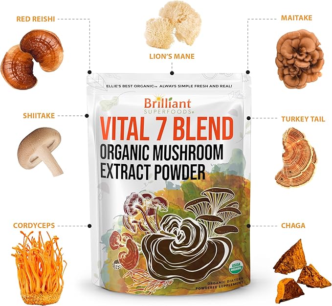 Ellie's Best 7 Mushroom Powder Extract Organic Blend - Reishi, Lion's Mane, Chaga, Turkey Tail, Cordyceps, Maitake & Shiitake - Double Extracted - Pure No Fillers - 8oz / 228 1g Servings……