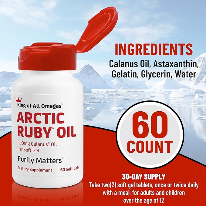 Arctic Ruby Oil - Omega 3 Supplement with Astaxanthin 2mg - Contains Essential Fatty Acids & Antioxidants - Supports Heart, Brain, Eye, Skin, Joint & Immune Health - 60 Softgels (1 Pack)