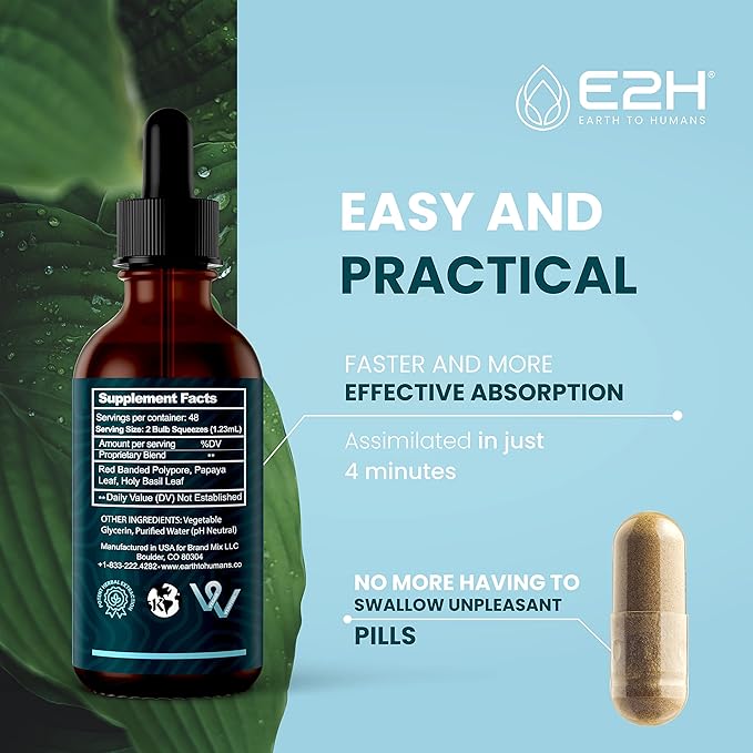 E2H Advanced Immune Defense Supplement - All-Natural Immune Booster - Immune Support Supplements Drops - Contains Holy Basil, Papaya Leaves and Red Banded Polypore - Non-GMO, Vegan (2 Bottles)
