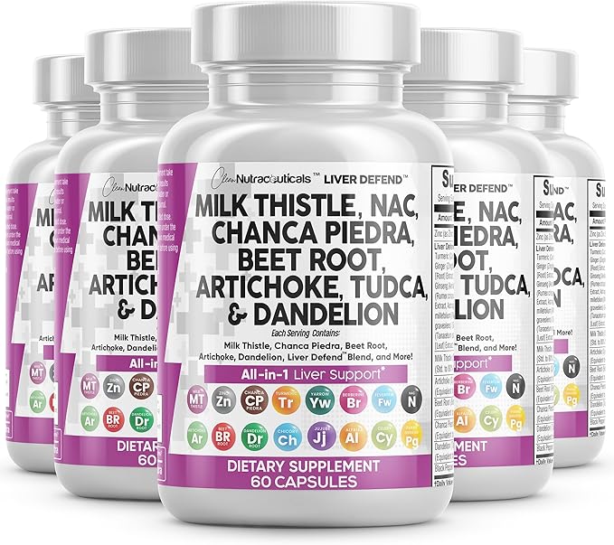 Clean Nutraceuticals Milk Thistle NAC Chanca Piedra Beet Root Artichoke Dandelion Root - Liver Cleanse Detox & Repair Supplement Plus TUDCA Choline & Ginger - 5Pack