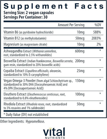 Vital Nutrients Vegan Adrenal Support + | Supplement to Support Adrenal Gland Function and Healthy Stress Response* | Mild Stress* | Gluten, Dairy & Soy Free | 60 Capsules