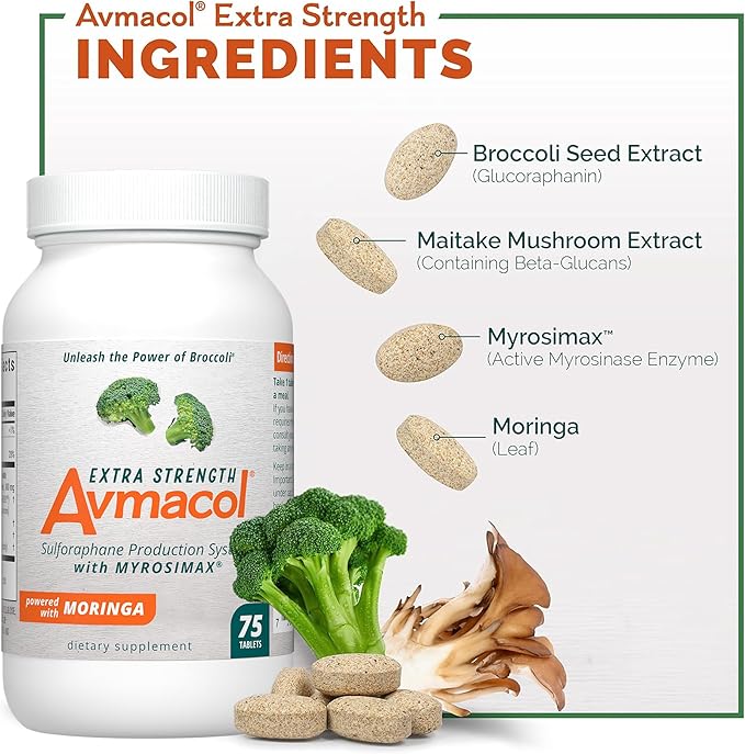 Nutramax Laboratories Avmacol Extra Strength #1 Researched Sulforaphane-Producing Brand for Detoxification, Antioxidant Support, Immune Health, Adults & Children, Moringa, 75 Tablets