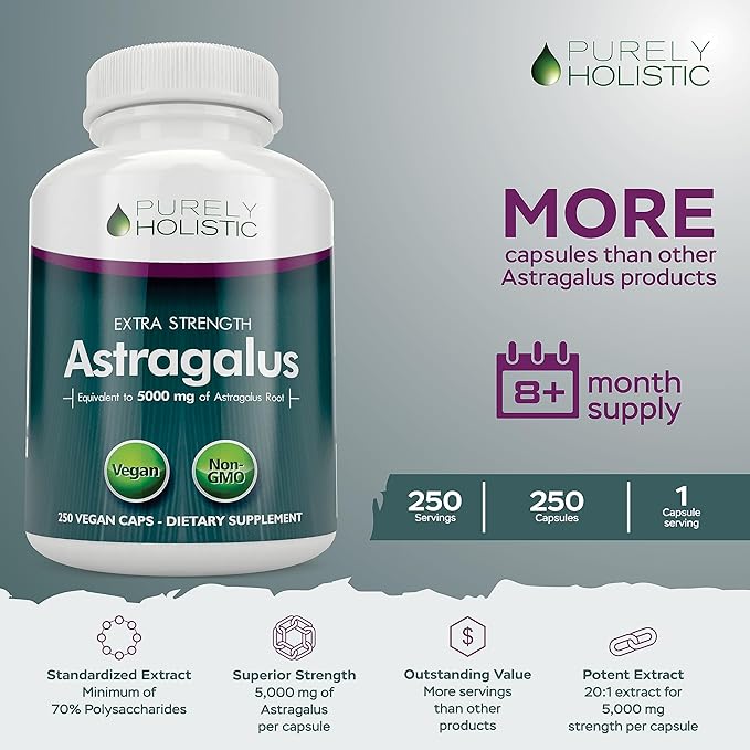 Astragalus Capsules 5,000 mg - 250 Capsules, 8+ Month Supply - Superior Strength Astragalus Root Extract 20:1 - Non GMO, Vegetarian & Vegan Friendly - Supports the Immune System & Cardiovascular