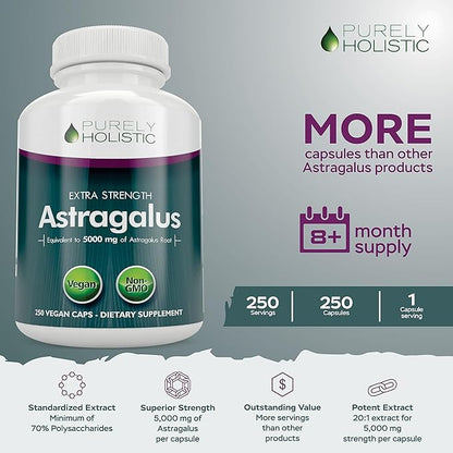Astragalus Capsules 5,000 mg - 250 Capsules, 8+ Month Supply - Superior Strength Astragalus Root Extract 20:1 - Non GMO, Vegetarian & Vegan Friendly - Supports the Immune System & Cardiovascular