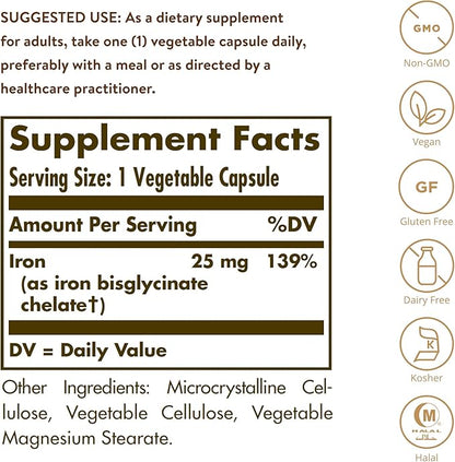 Solgar Gentle Iron 25mg, 90 Vegetable Capsules - Energy, Normal Red Blood Cell Production - Gentle on the Stomach - Non-GMO, Vegan, Gluten Free, Dairy Free, Kosher, Halal - 90 Servings