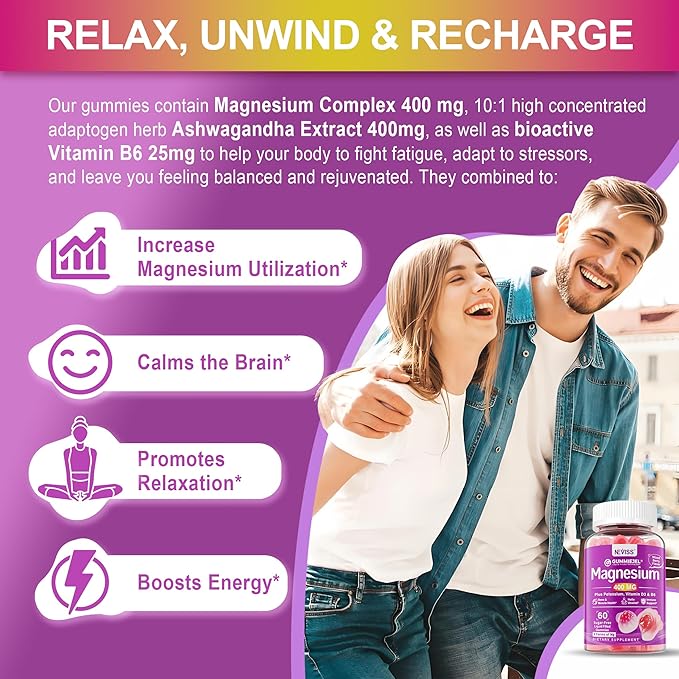 Magnesium Complex Filled Gummies 400mg - Magnesium Citrate, Glycinate, Malate, Chloride & Taurate - Supplement Magnesium with Ashwagandha Vitamin D3 & Zinc for Muscle, Mood & Energy, Sugar Free, 2Pack