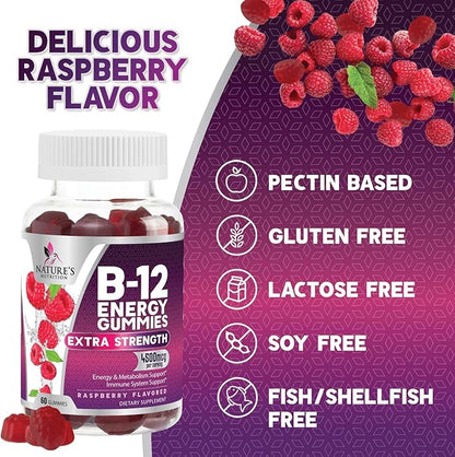 B-12 Vitamin Energy Gummies - 4500mcg Extra Strength B12 Gummy Chewables for Energy Metabolism & Immune Support - Dietary Supplement for Women, Men, & Kids - Non-GMO, Vegan, Berry Flavor - 60 Count