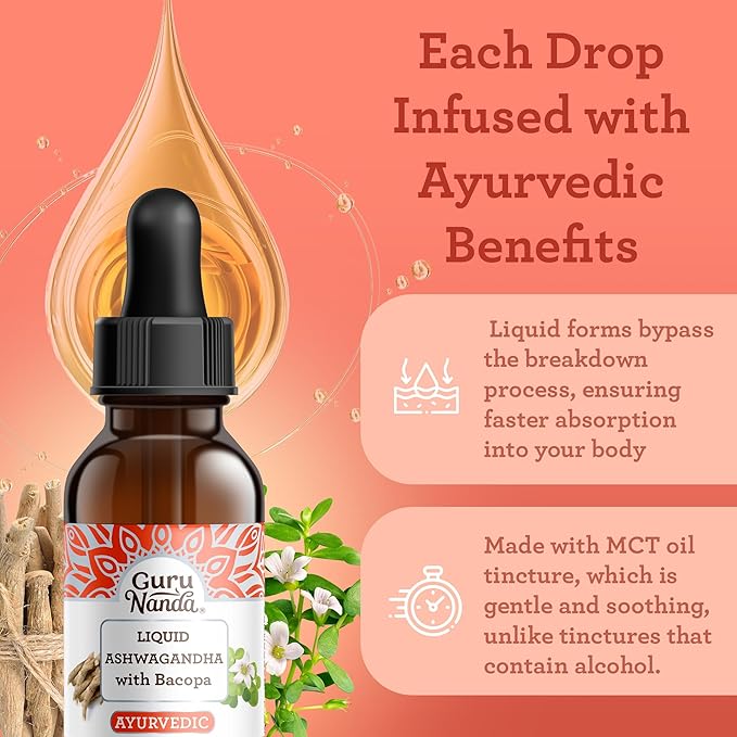 GuruNanda Liquid Ashwagandha with Bacopa (1 Fl Oz) - Natural Dietary Supplement- Liquid Extract Drops - for Men & Women- Vegan & Alcohol-Free - Aids in Immune, Focus & Relaxation Support