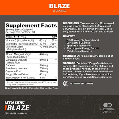 MTN OPS Blaze Fat Burner & Thermogenic Metabolism Booster for Weight Loss, 210mg of Caffeine per Serving Caffeine Pills for Energy Boost, 30 Servings
