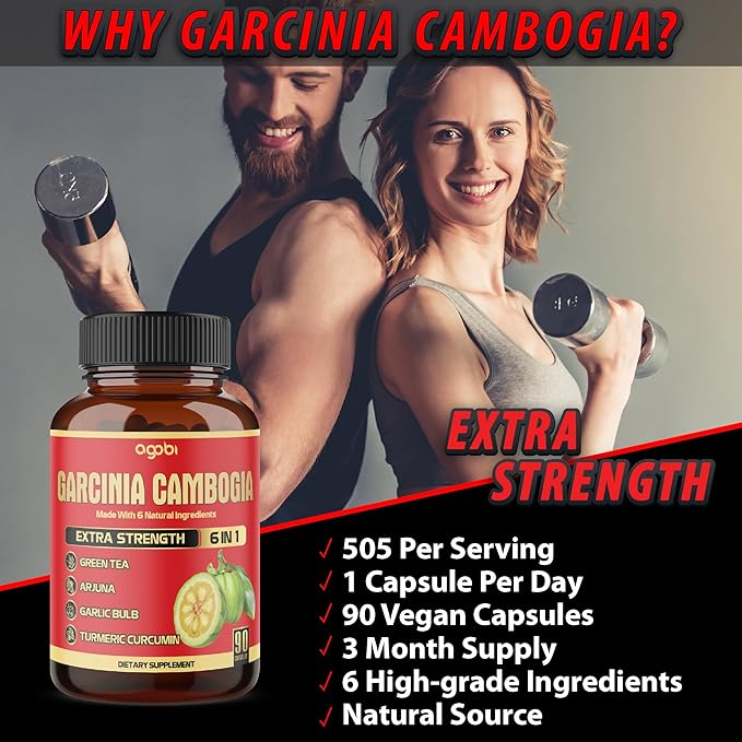 Pure Garcinia Cambogia Capsules - 6in1 with Green Tea, Arjuna, Garlic Bulb, Turmeric & Black Pepper - 90 Counts