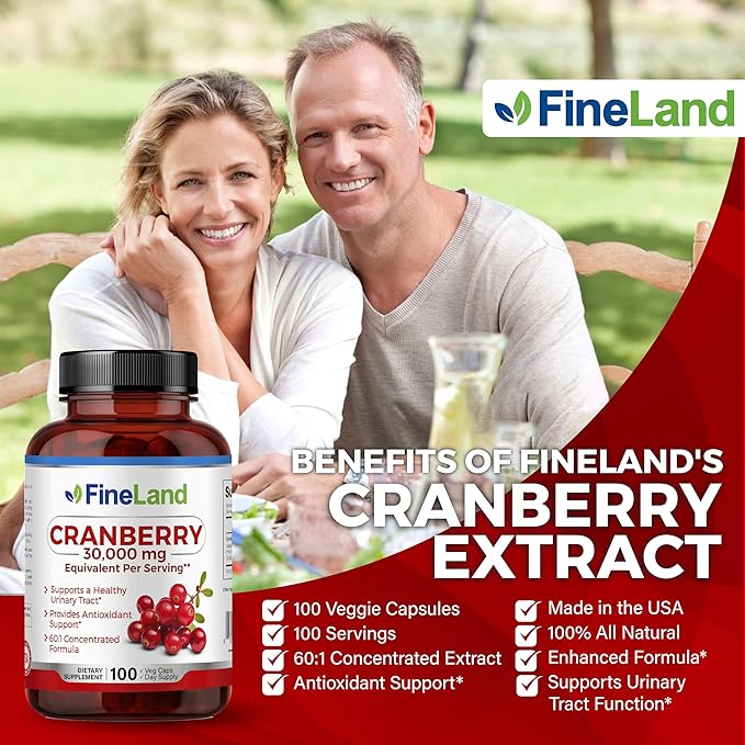 FineLand Cranberry Extract 60:1 (30,000mg Equivalent) - High Potency Urinary Tract Support - 100 Vegan Capsules, 3-Month Supply - Non-GMO, Gluten-Free, USA Made