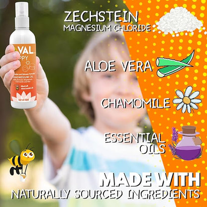 VAL Magnesium Oil Spray for Kids | Relaxation for Daytime & Bedtime | Calm & Mood Support | Zechstein Magnesium Chloride, Chamomile, Aloe & Essential Oils | No Itch, Fast-Absorbing | USA Made | 4oz
