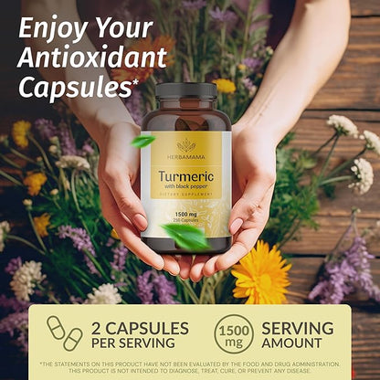 HERBAMAMA Curcumin Turmeric Capsules - 1500mg Curcuma Longa and Black Pepper Extract for Uric Acid & Digestive Support - Vegan, Non-GMO Turmeric Antioxidant Supplement, 250 Caps
