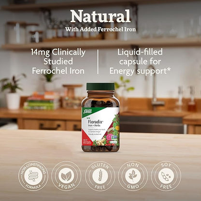 Floradix Iron + Herbs - Iron Supplement for Healthy Energy Support* - Vegan, Non-GMO, Gluten-Free, Soy-Free - 120 Liquid Phyto-Caps