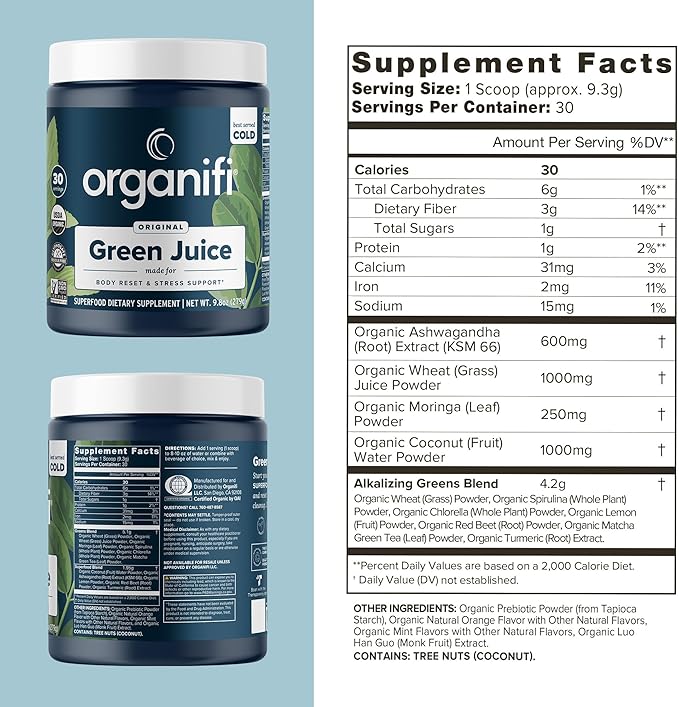 Organifi Green Juice - Powder Supplement with Organic Spirulina, Ashwagandha, and Chlorella - Helps Achieve Fitness Goals and Reduce Cortisol Levels, 30-Day Supply
