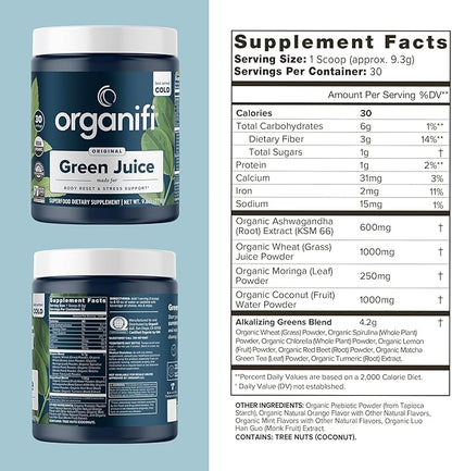 Organifi Green Juice - Powder Supplement with Organic Spirulina, Ashwagandha, and Chlorella - Helps Achieve Fitness Goals and Reduce Cortisol Levels, 30-Day Supply