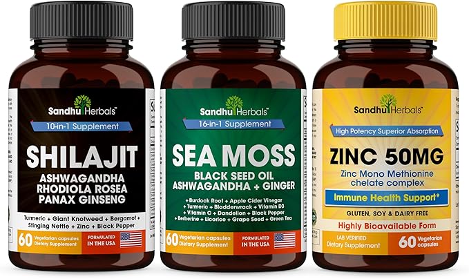 Sandhu Herbals Shilajit, Sea Moss & Zinc 50mg Supplement Combo | Supports Natural Energy, Immune and Cognitive Health