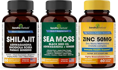 Sandhu Herbals Shilajit, Sea Moss & Zinc 50mg Supplement Combo | Supports Natural Energy, Immune and Cognitive Health