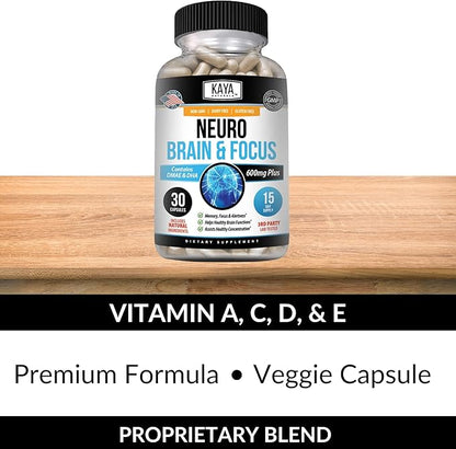 Kaya Naturals - Neuro Brain for Memory & Focus - Nootropic Energy Capsule - Nootropic Brain Support Supplement - Focus & Concentration & Learning Accuracy - Cognitive Function - 30 Count