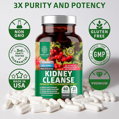 N1N Premium Kidney Cleanse [21 Potent Herbs] for Urinary Tract & Bladder Control, Natural Kidney Support with Cranberry Extract, Astragalus and Uva Ursi Leaf, 60 Veg Caps