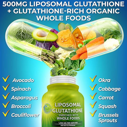Liposomal Glutathione 500mg - Active Form L Glutathione (Reduced) for Maximum Absorption - Made with Organic Whole Foods - Master Antioxidant & Detoxifier - Immune & Cardiovascular Support - 60 count
